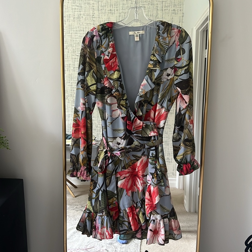 Ella Moon floral long sleeve mini wrap flutter hem dress